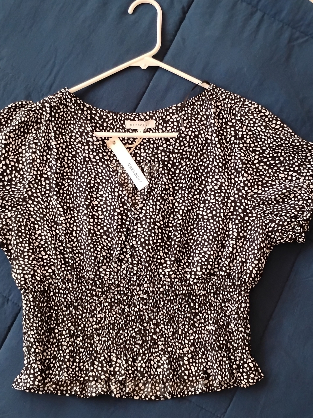 Crescent Black and White Smocked Dot Crop Top
